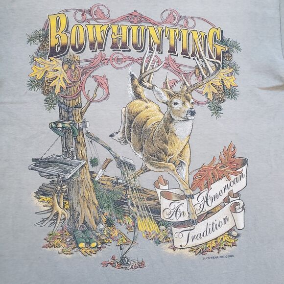 Thrashed Vintage 90s Bow Hunting Buckwear Large Single Stitch USA Made T-Shirt - Picture 2 of 9